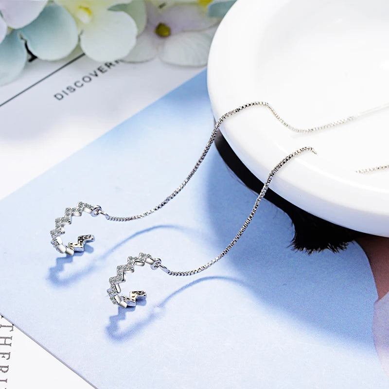 Wave Ear Wire Korea Long Zirconia 925 stamp silver color Temperament Personality Fashion Female Earring Fine Jewelry