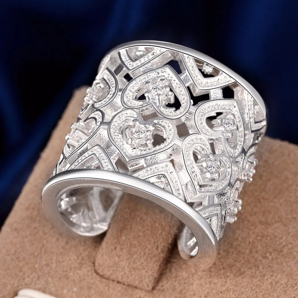 Lekani Free Shipping Silver 925 Ring Fashion Big Net Weaving 925 Silver Jewelry Hollow Heart Ring Women&men Gift Finger Rings