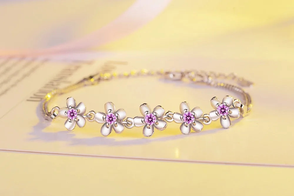 Luxury 925 Sterling Silver Bracelets Purple Zirconia Plum Flower Bracelets & Bangles For Women Pulseira De Prata S-b51