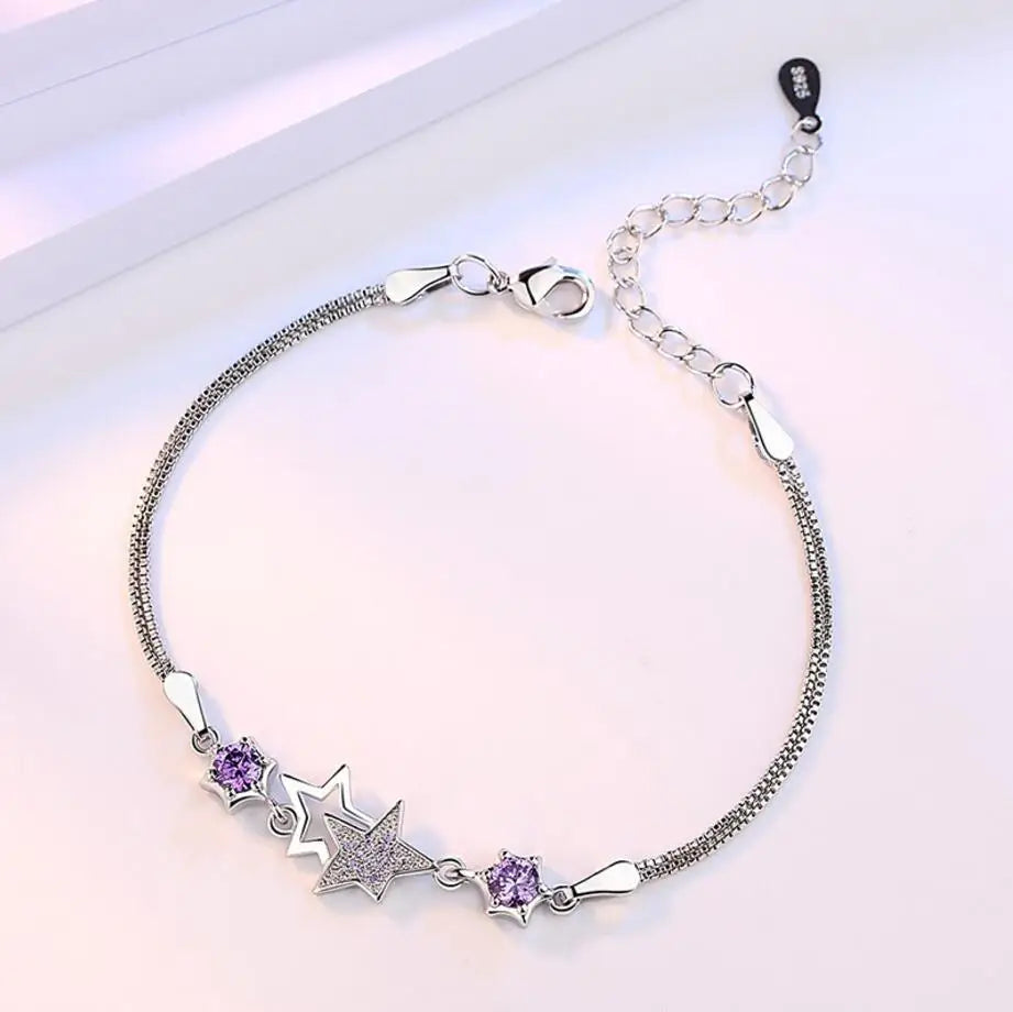 Hot Fashion 925 Sterling Silver Bracelets & Bangles Zirconia Crystal Star Peach Blossom Flower Pulseira Feminina S-b30