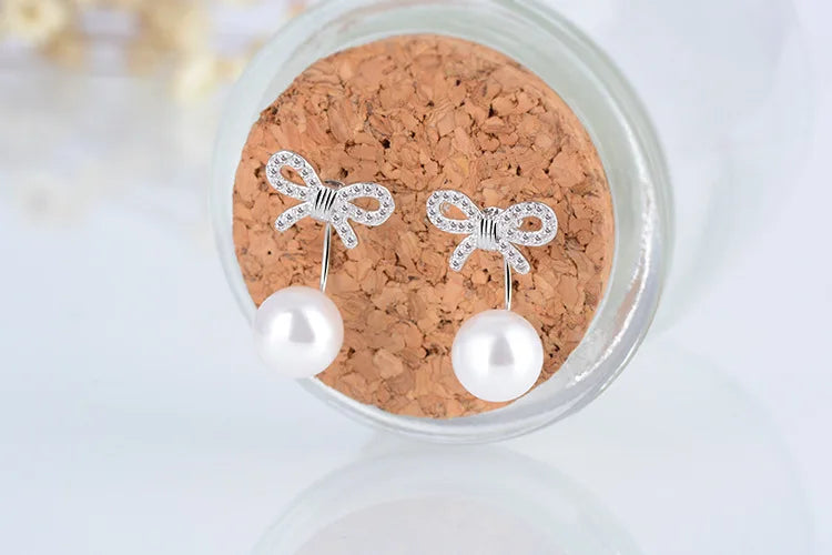 925 Sterling Silver Earrings Mosaic Zirconia Bowknot Pearl Stud Earrings For Women oorbellen brincos pendientes S-E371