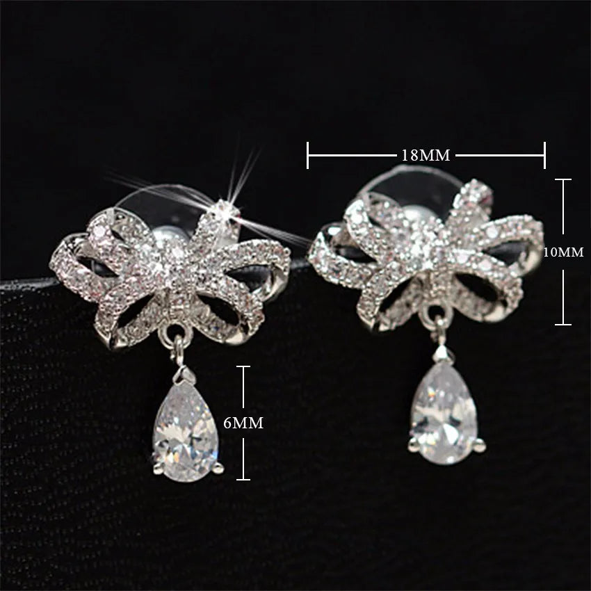 925 silver needle Jewelry Shiny Cz Zirconia Bowknot Stud Earrings Pendientes Boucles D'oreilles S-e349