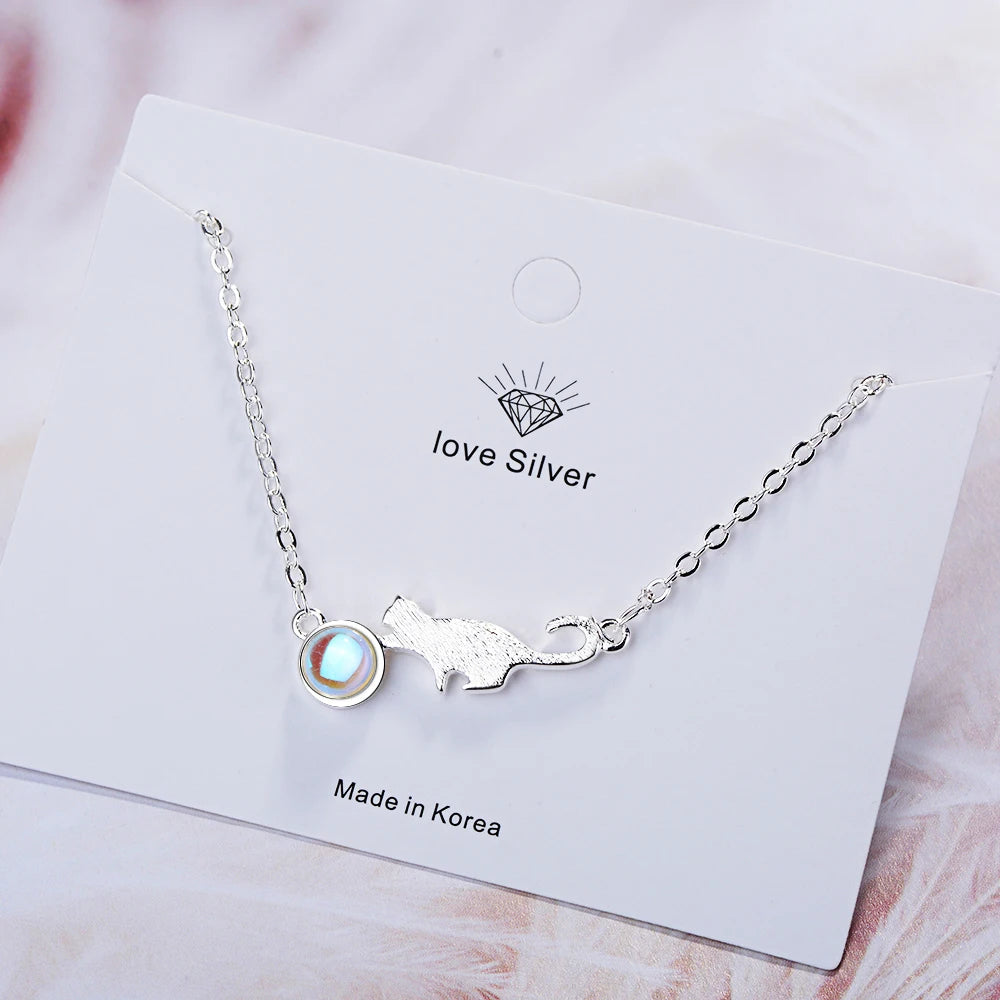 100% 925 Sterling Silver Moonlight Stone Cat Charm Bracelets & Bangles For Women Creative Fine Jewelry