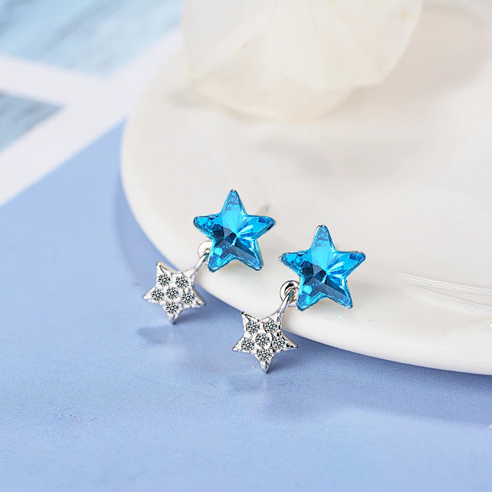 Real 925 silver needle Blue Crystal Double Star Stud Earrings For Women Fashion Silver Star Brincos Oorbellen