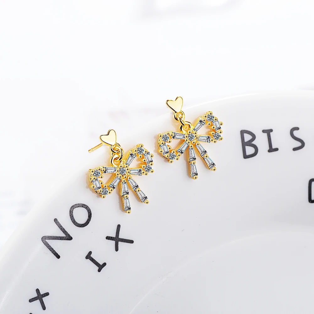 925 Sterling Silver Sweet Dazzling Bowknot Cz Crystal Stud Earring Pendientes Brincos For Women Sterling Silver Jewelry Gift