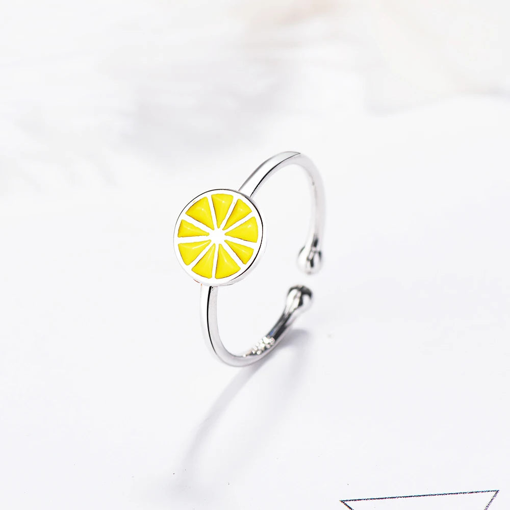New 925 Simple Popular Cute Silver Fruit Lemon Shape Open Ring For Girls Student Kids Creative Style Fine Jewelry