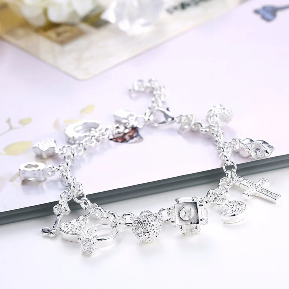 925 stamp silver color 13 Charms Cross Lock Key Heart Star Moon Flower Zircon Bracelet Bangle Women's Fine Jewelry Accessories