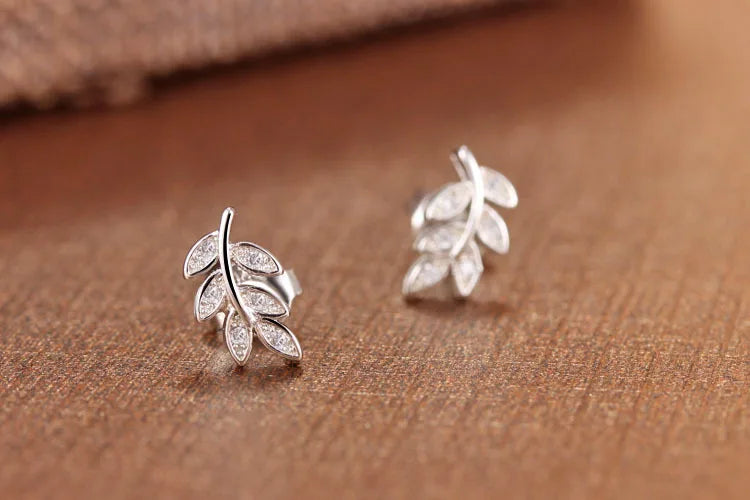 925 silver needle Olive Branch Leaves Stud Earrings Micro Pave Cubic Zirconia For Women Girls Fine Jewelry Brincos