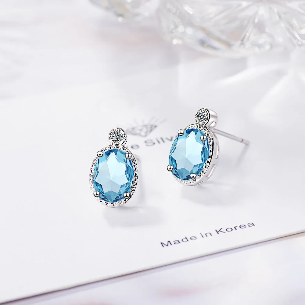 Oval 1.8 Carat Natural Sky Blue Topaz Birthstone Stud Earrings Genuine 925 silver needle Fine Jewelry For Women