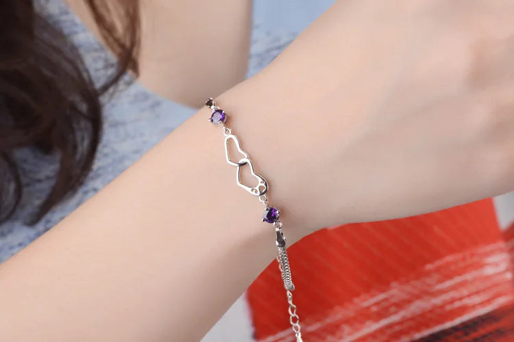 925 Sterling Silver Zircon Double Love Heart Bracelet Bangles For Women Gift Wedding Jewelry Pulseira Feminina