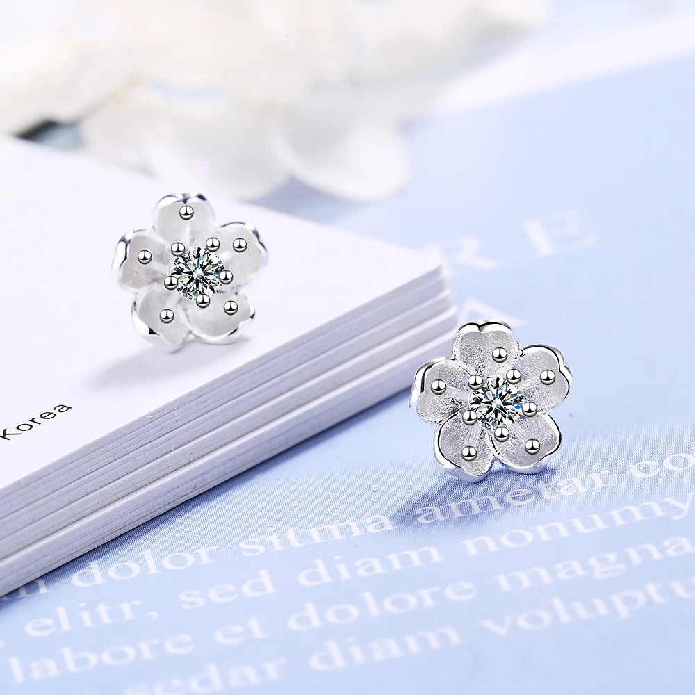 925 Sterling Silver White/purple/pink Zirconia Cherry Blossoms Flower Earring For Women Sterling-silver Fine Jewelry Pendientes