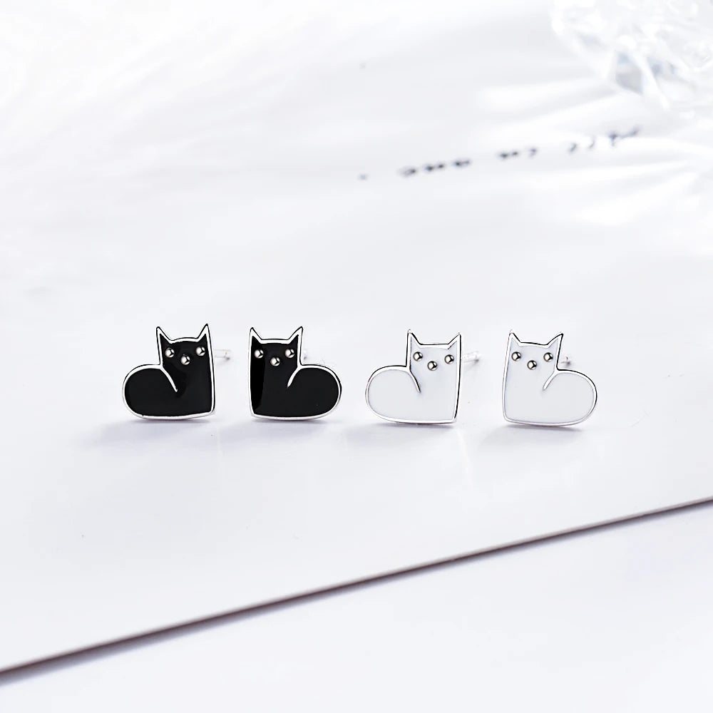 925 Sterling Silver Cute Cat Earrings White Black Enamel Kitty Piercing Ear Animal Stud Earrings Women Girls Fine Jewelry