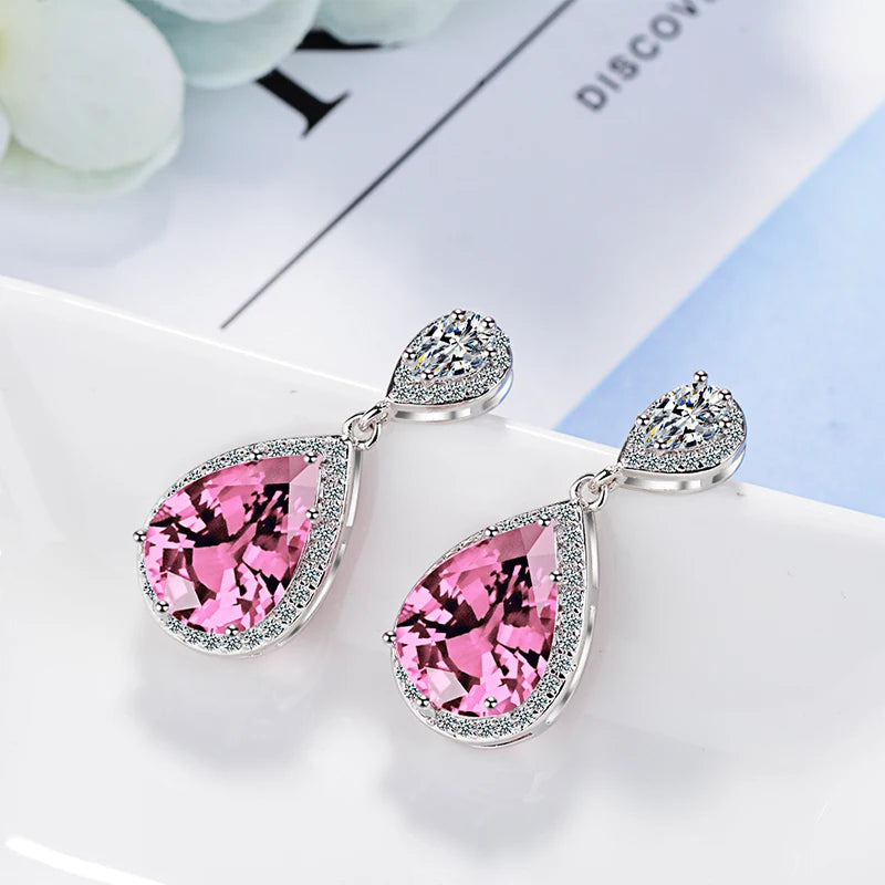 925 Sterling Silver Pink/white Cubic Zirconia Bridal Engagement Waterdrop Cz Stud Earrings For Women Wedding Fine Jewelry Gift