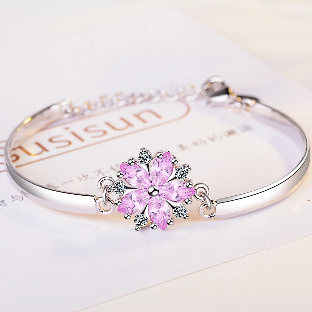 Fashion Exquisite 925 Sterling Silver Jewelry Personality Sakura Cherry Blossoms Flower Female Gift Beautiful Bracelets Sb101