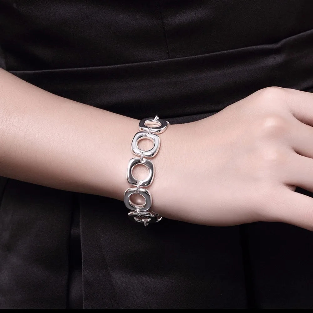 925 stamp silver color Bracelet Cuff For Women Wholesale Sterling Silver Fine Jewelry Square Chunky Chain Bracelet Mujer