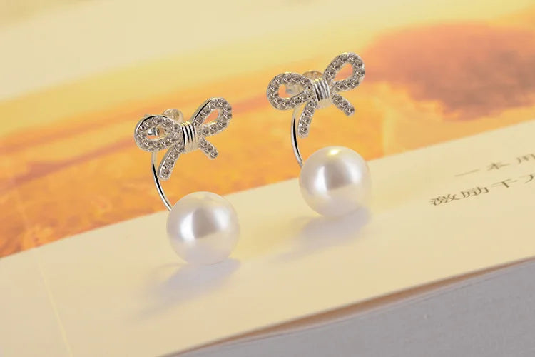 Newest Style Free Shipping Fashion Sterling Silver 925 Crystal Bowknot Pearl Stud Earrings Jewelry Pendientes Brincos