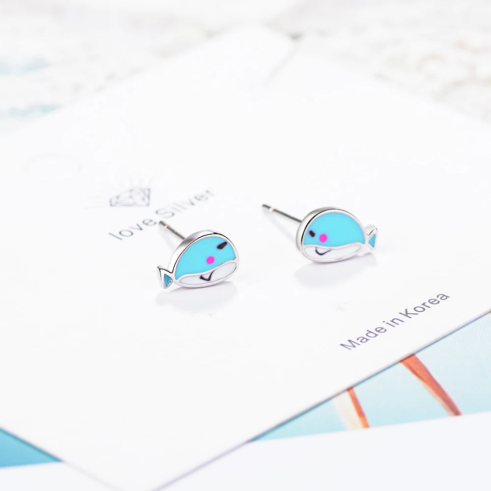 100% S925 silver needle Blue Lovely Whale Stud Earrings For Girls Kids Children Creative Cute Marine Animal Jewelry