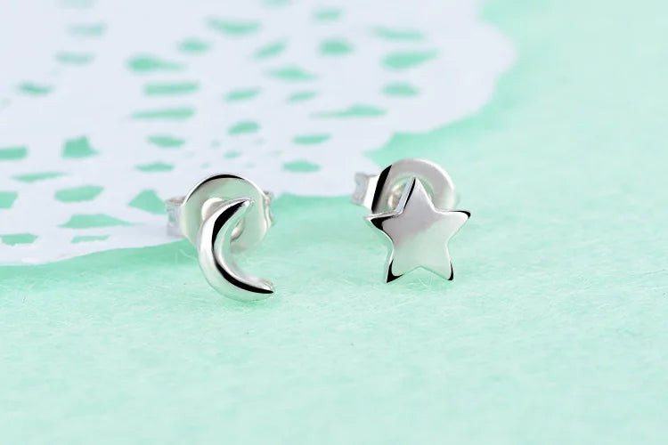 925 silver needle Simple Cut Earrings Moon Star Asymmetrical Small Stud Earrings For Women Jewelry Wholesale S-e148