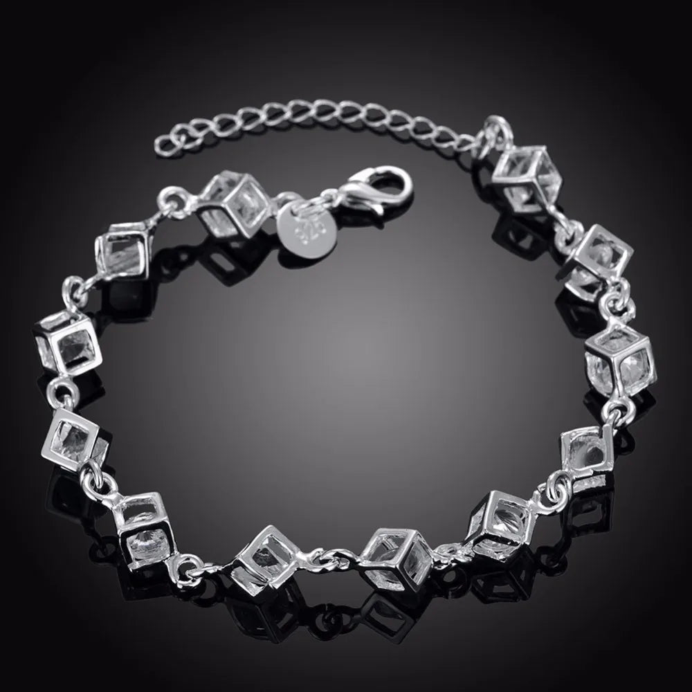 Lekani  New Luxury Austrian Crystal Cubes Bracelet For Women 925 stamp silver color Fine Jewelry Charm Bijoux Bracelets