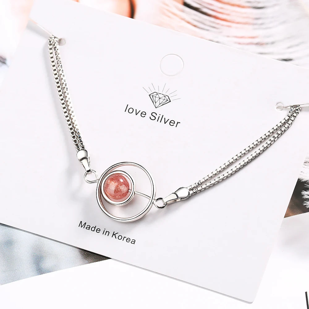 Real. 925 Sterling Silver Fine Jewelry 8mm Natural Strawberry Quartz Stone Into The Circle Chain Bracelet Gtls516