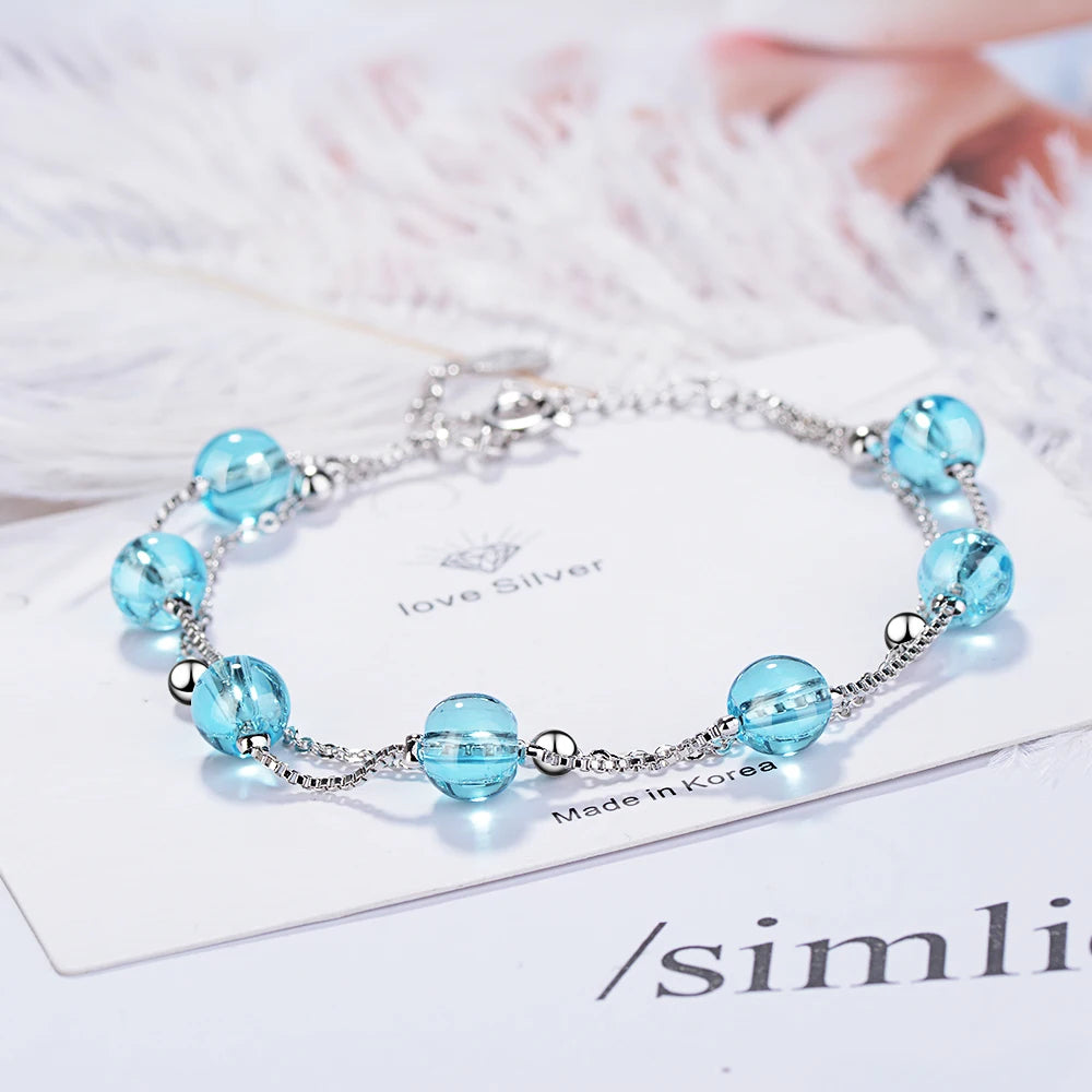 New Fashion Double Layer Blue Crystal 925 Sterling Silver Jewelry Personality Sweet Transfer Beads Bracelets Sb166