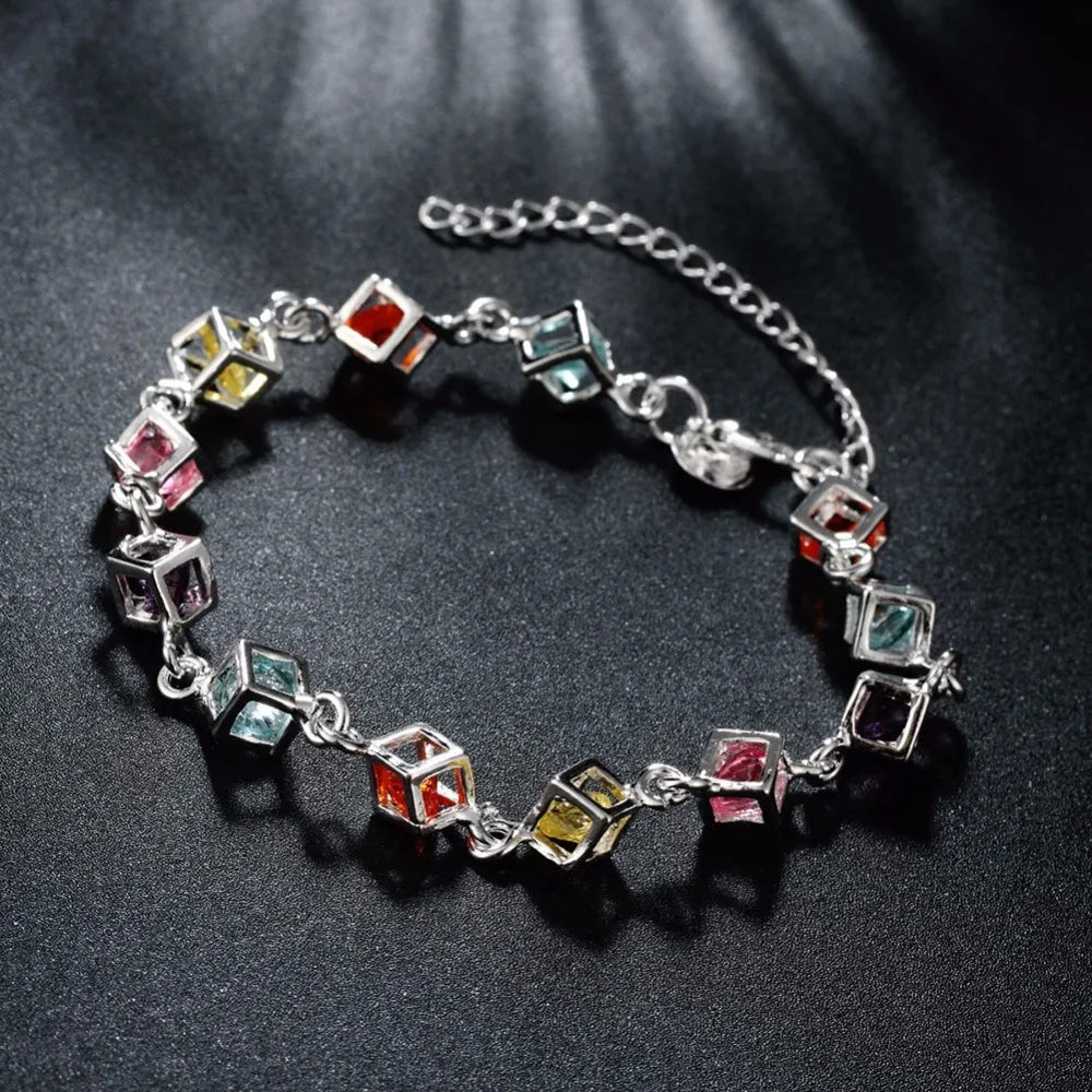 Hot Sale Shiny Cz Crystal Happiness Cube 925 stamp silver color Woman Girl Bracelet Multicolored Cube Rainbow Fine Jewelry