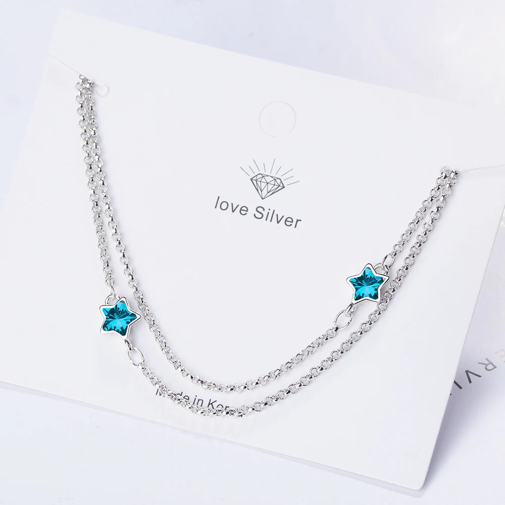 Fashion Shiny Blue Crystal Star Double Layer Chain Link Bracelet For Women Gift 925 Sterling Silver Baraclet Pulseira Bijoux