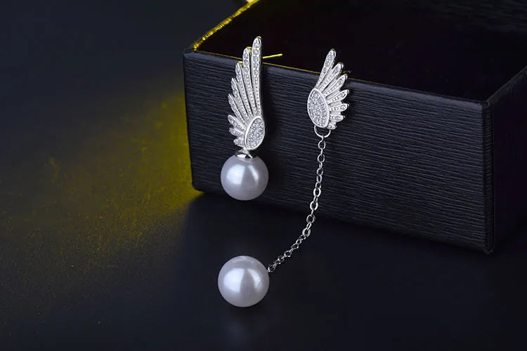 Wholesale Fashion Personality For Woman Gift Asymmetric Angel Wings Pearl 925 silver needle Tassel Stud Earrings Ys240