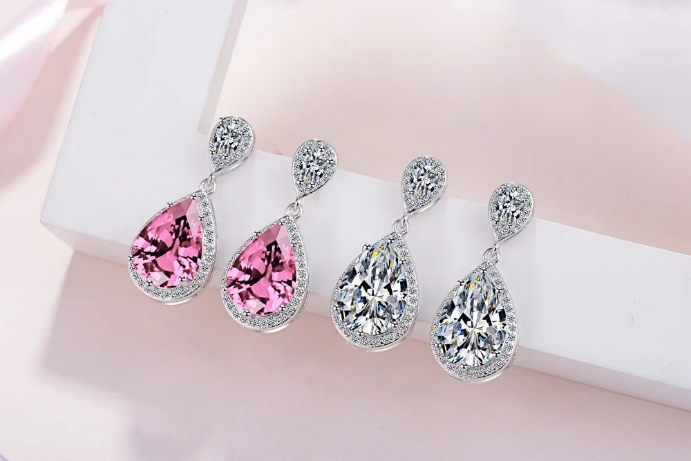 925 Sterling Silver Pink/white Cubic Zirconia Bridal Engagement Waterdrop Cz Stud Earrings For Women Wedding Fine Jewelry Gift