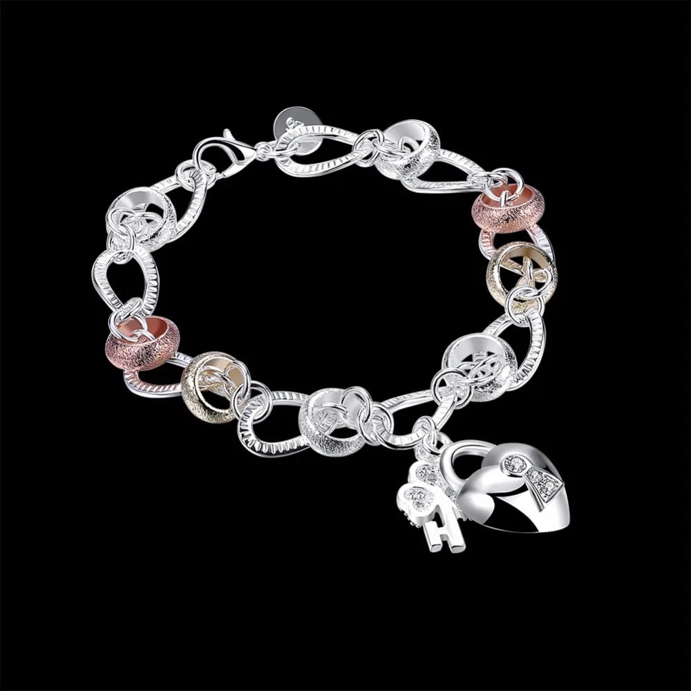 925 stamp silver color Bracelet Women Bracelet Fine Jewelry Crystal Heart Lock Flower Simple Droplets Lobster Clasp