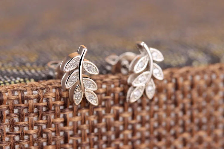 925 silver needle Olive Branch Leaves Stud Earrings Micro Pave Cubic Zirconia For Women Girls Fine Jewelry Brincos