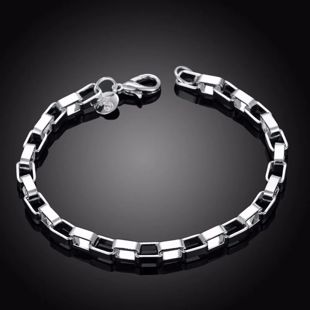 Lekani Men's Fine Jewelry 925 stamp silver color 5mm Box Chains 8'' 20cm Bracelet Bangle Bileklik De Prata Free Shipping