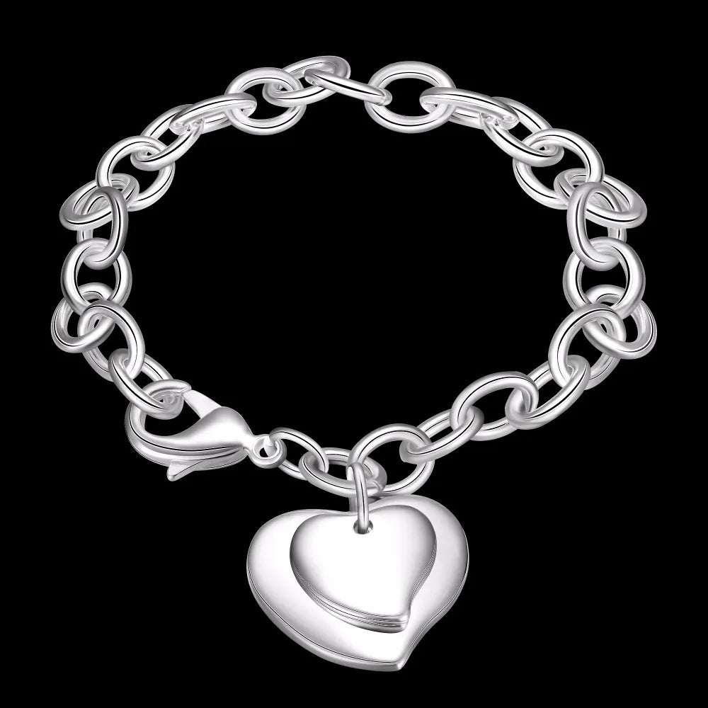 Lekani New 925 stamp silver color Jewelry Bracelet Silver 925 Jewelry Double Heart Bracelets For Women Charm Bracelets & Bangles