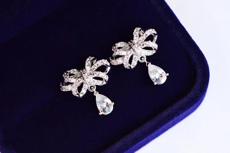 925 silver needle Jewelry Shiny Cz Zirconia Bowknot Stud Earrings Pendientes Boucles D'oreilles S-e349