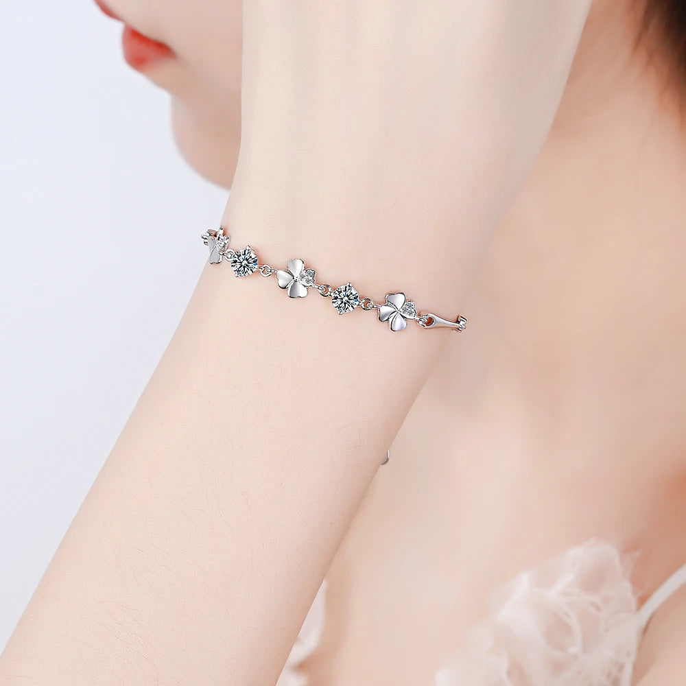 925 Sterling Silver Bracelet For Women Lucky Cute Sweet Student Female Four-leaf Clover Bracelets Girlfriend Valentines Day Gift