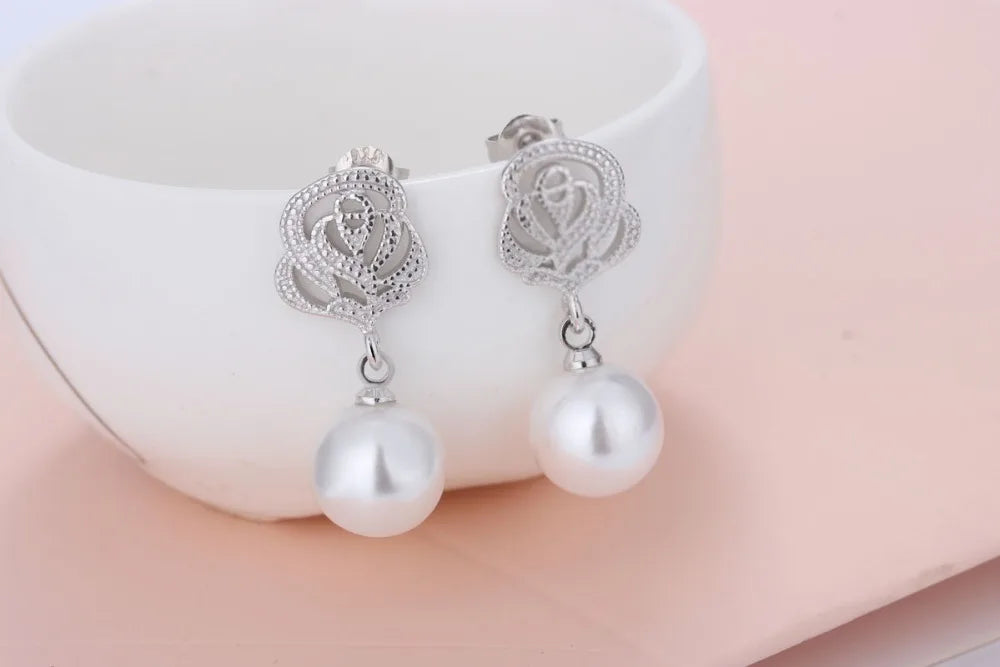 Real Freshwater Pearl Earrings For Women 925 silver needle Pearl Carving Roses Flower Earrings Fine Jewelry Brincos