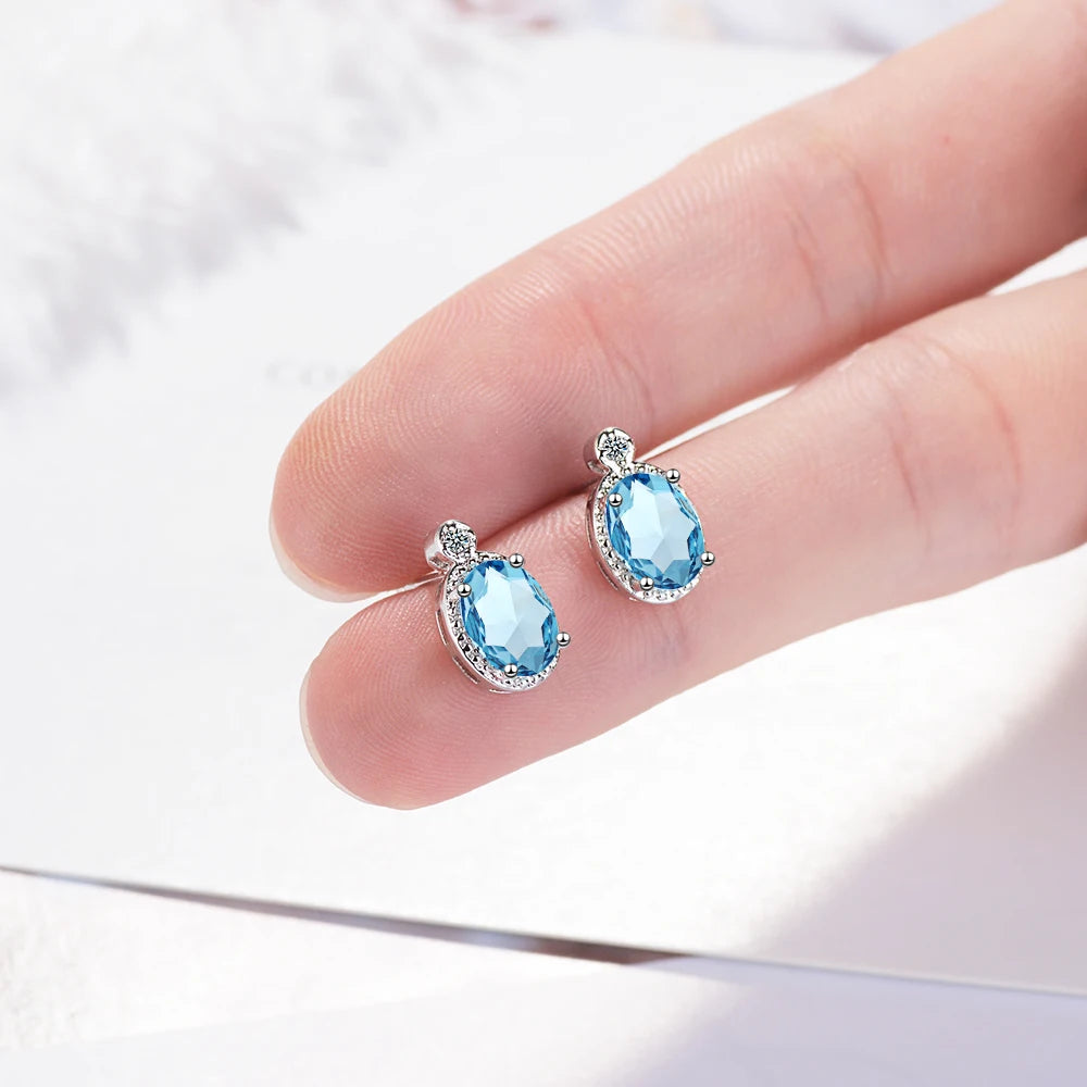 Oval 1.8 Carat Natural Sky Blue Topaz Birthstone Stud Earrings Genuine 925 silver needle Fine Jewelry For Women