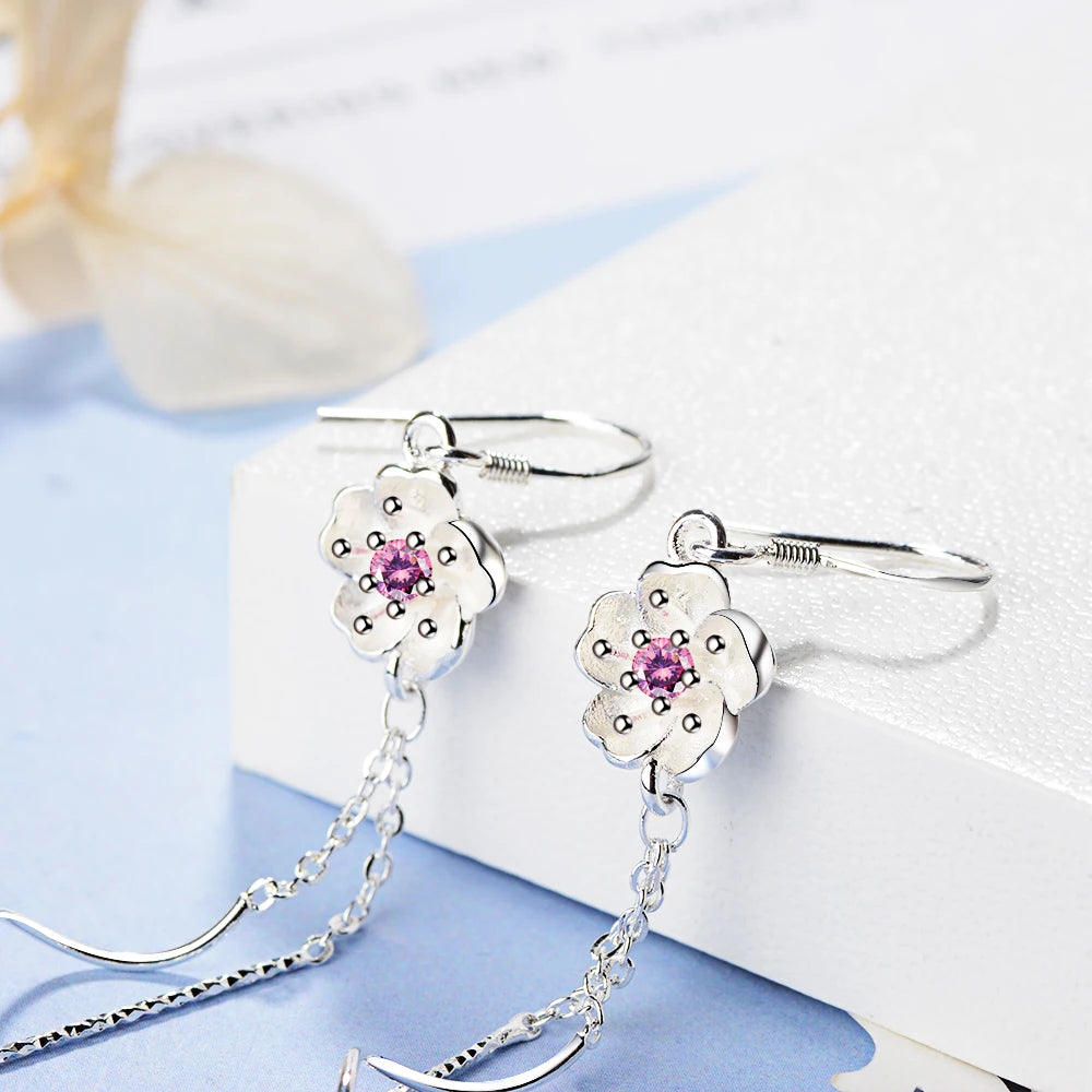 925 stamp silver color Cherry Blossoms Tassel Drop Earrings For Women Wedding Jewelry Earring Female Brinco Oorbellen Eh854