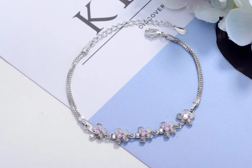 Luxury 925 Sterling Silver Bracelets Purple Zirconia Plum Flower Bracelets & Bangles For Women Pulseira De Prata S-b51