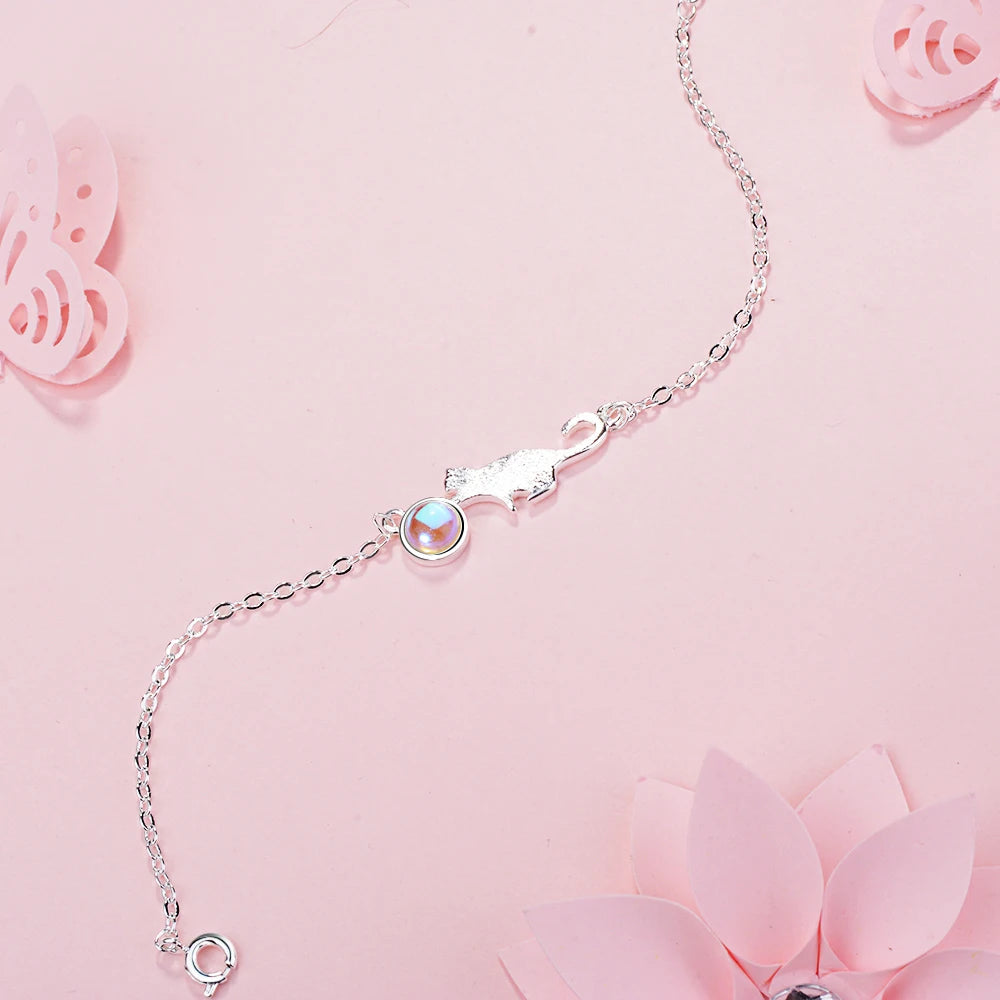 100% 925 Sterling Silver Moonlight Stone Cat Charm Bracelets & Bangles For Women Creative Fine Jewelry