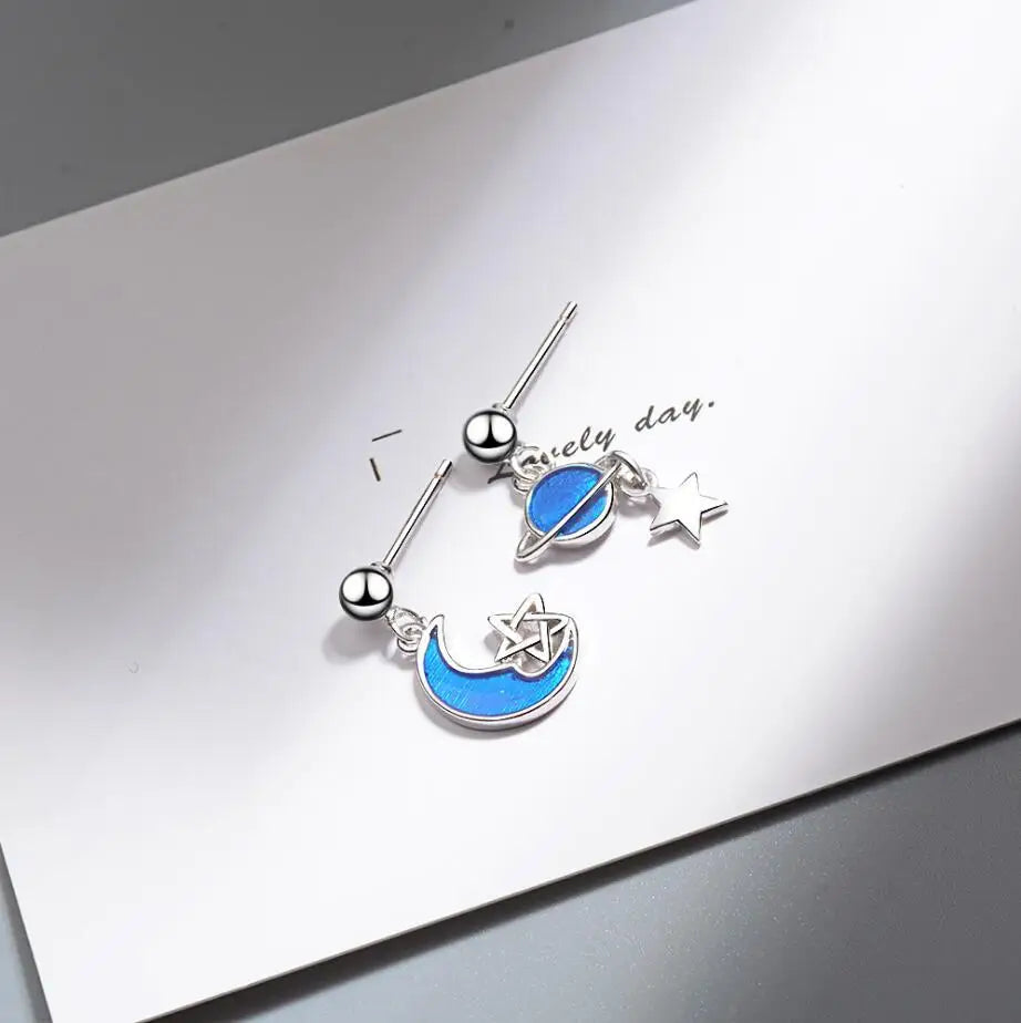 925 silver needle Secret Planet Moon Star Asymmetric Earrings For Women Clear Cubic Zircon Sterling Silver Jewelry Bse016