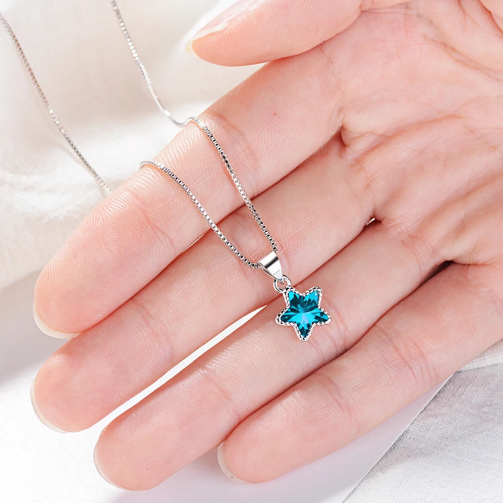 100% 925 Solid Sterling Silver Necklace Women Girl Sweet Star Blue Cz 40cm Short Clavicle Necklace For Teen Jewelry Ds981