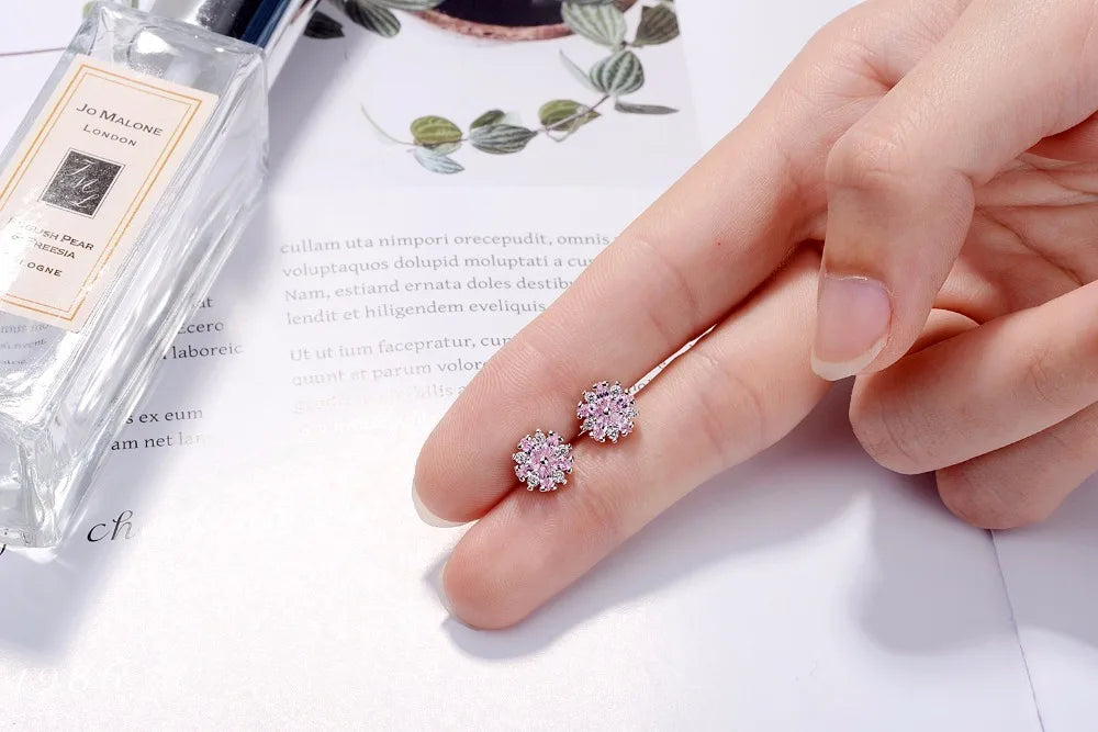 925 silver needle Pink Crystal Zirconia Cherry Blossom Flower Stud Earrings For Women Girl Brincos S-e242