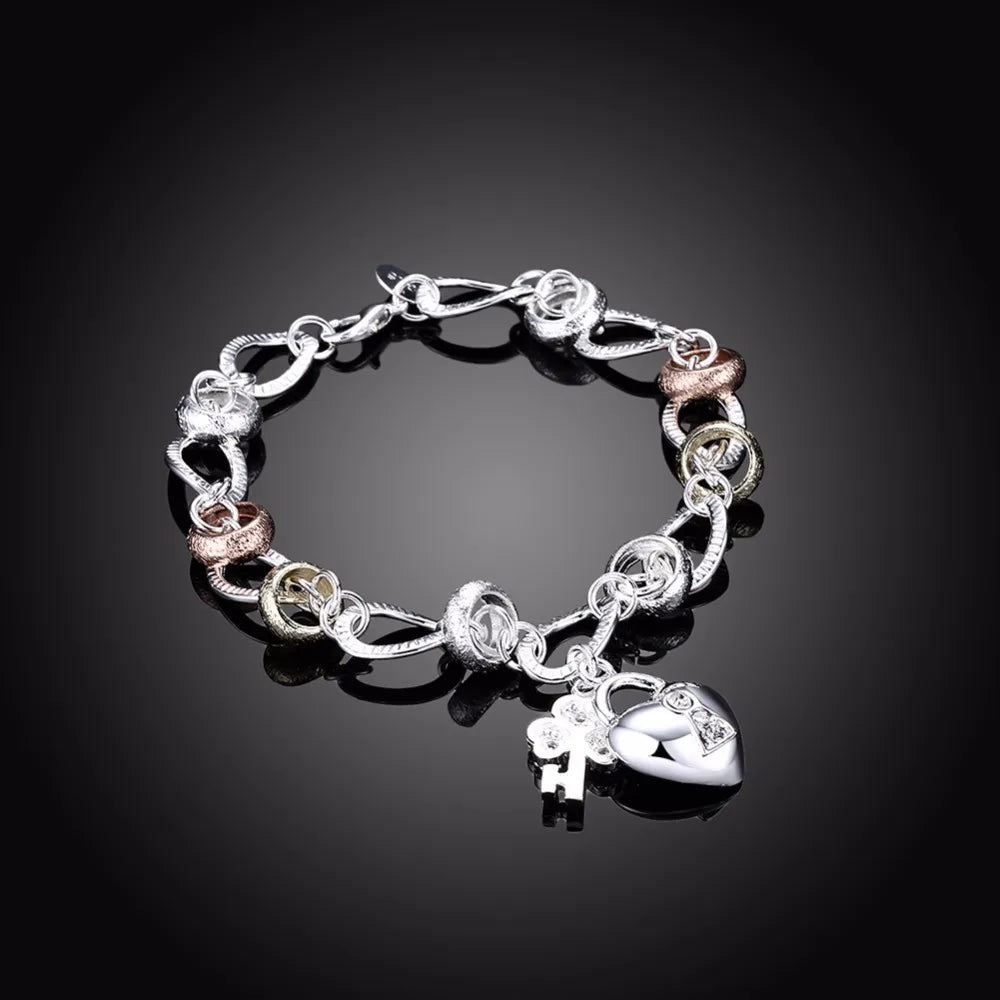 925 stamp silver color Bracelet Women Bracelet Fine Jewelry Crystal Heart Lock Flower Simple Droplets Lobster Clasp