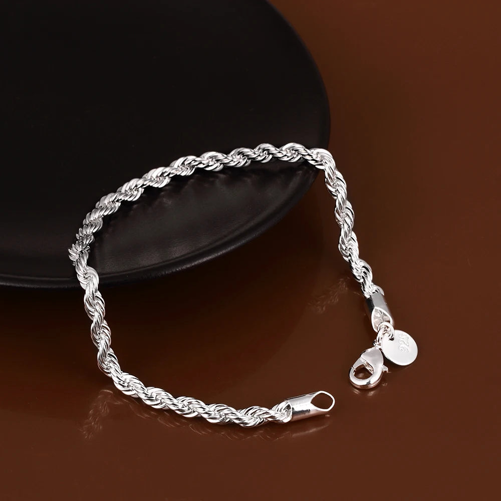 925 stamp silver color Fine Jewelry For Women And Men 4mm Chain Charm Flash Twisted Rope Bracelet Pulseiras De Prata Jewelry