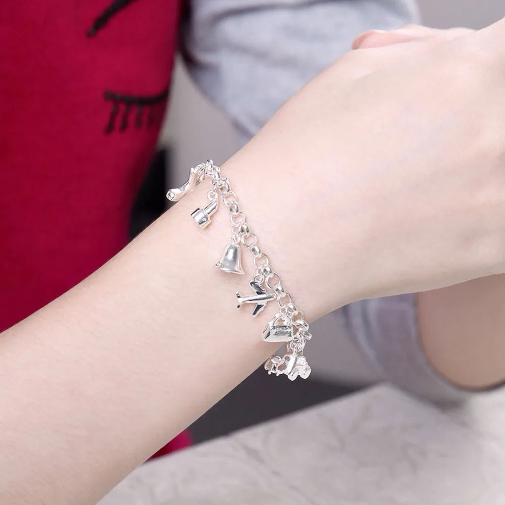 Pretty Bracelets 925 stamp silver color Aaa Zircon Crystal Bracelets 12 Pendants Charms Bangles For Woman New Fine Jewelry