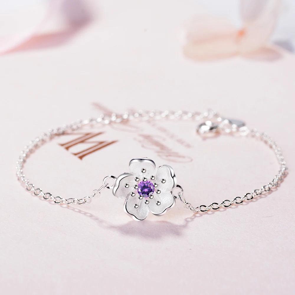 925 Silver Female Models Flower Bracelets Clear Austria Crystal Plum Blossom Design Charm Link Chain Jewelry For Women Lady Gift