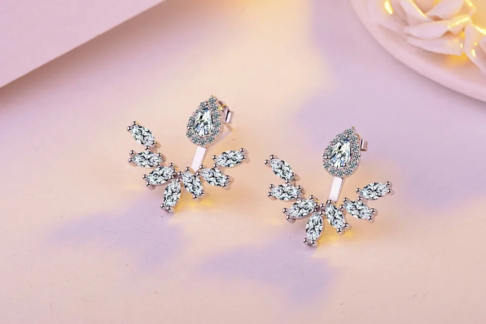 925 silver needle Flower Stud Earrings Double Sided Clear Cz Cubic Zirconia Earring For Women Wedding Engagement Fine Jewelry