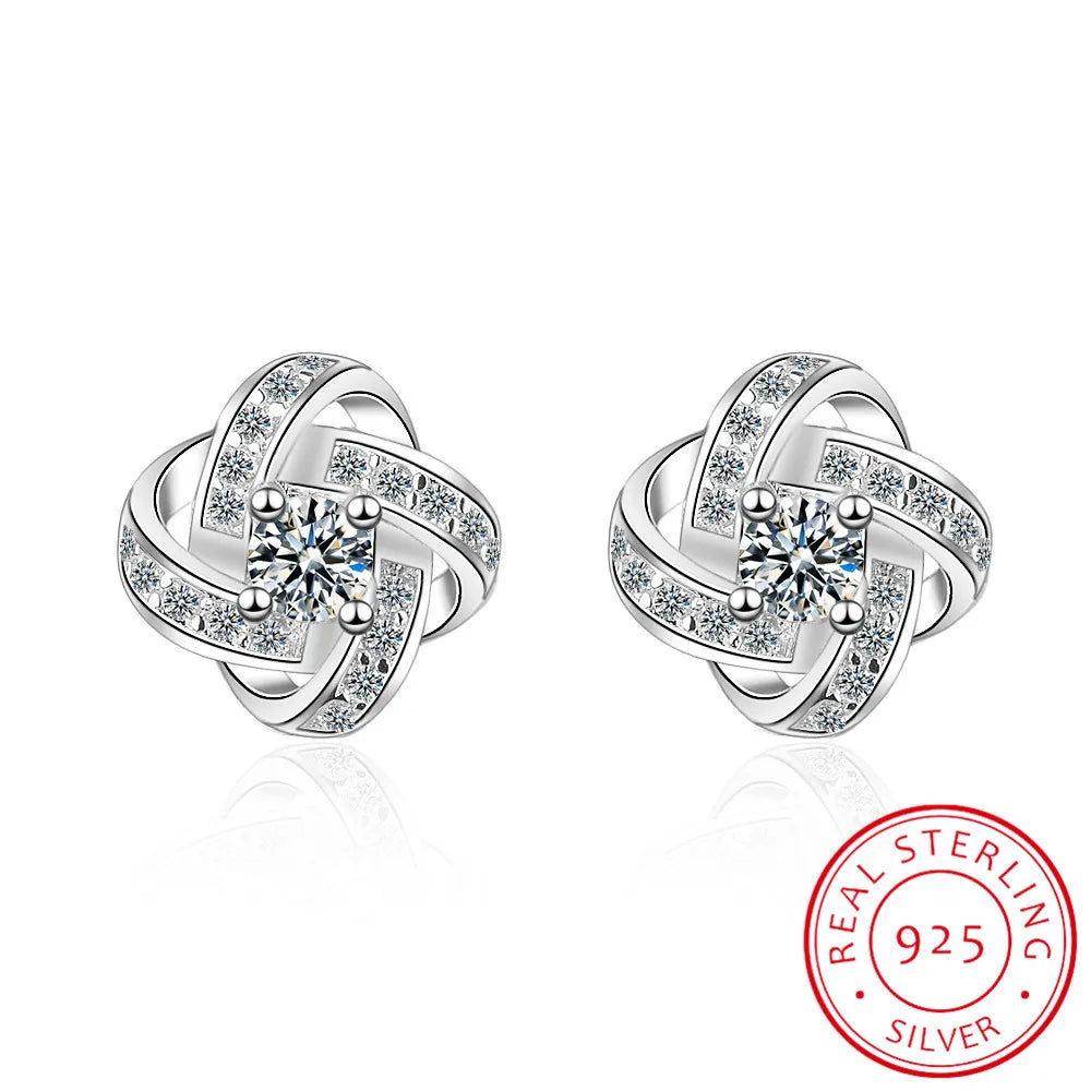 925 Sterling Silver Flower Clover Stud Earrings Wedding Elegant Cubic Zirconia Stone Earrings For Women Fine Jewelry