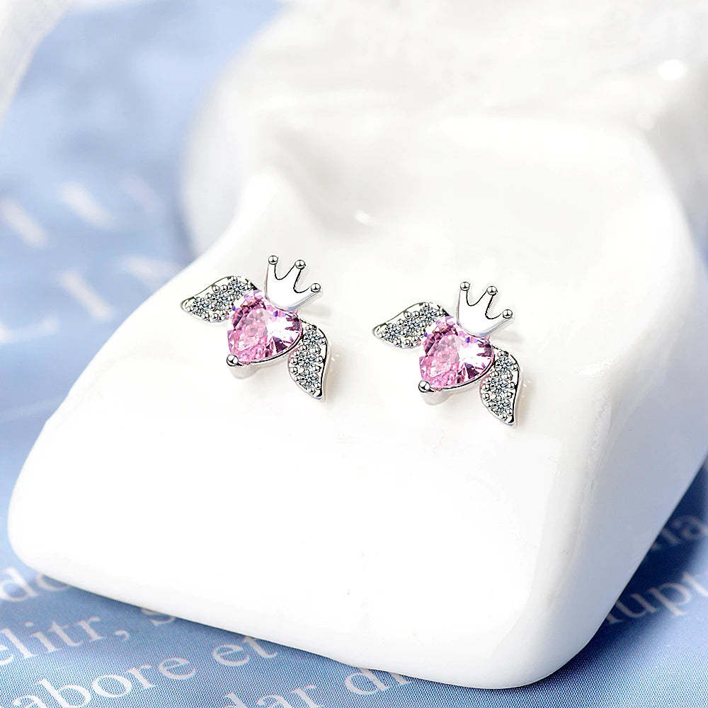 925 Sterling Silver Pink Heart Stud Earrings For Women Silver Crown Earrings For Girl Engagement Fine Jewelry